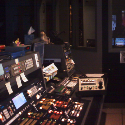 In the audio booth.